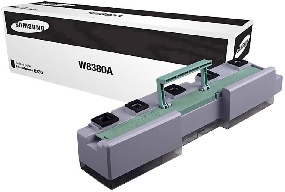Ein graues Toner-Kartuschenmodell mit grüner Tragegriff, vor einer Verpackungsschachtel mit der Aufschrift 'Samsung W8380A'.