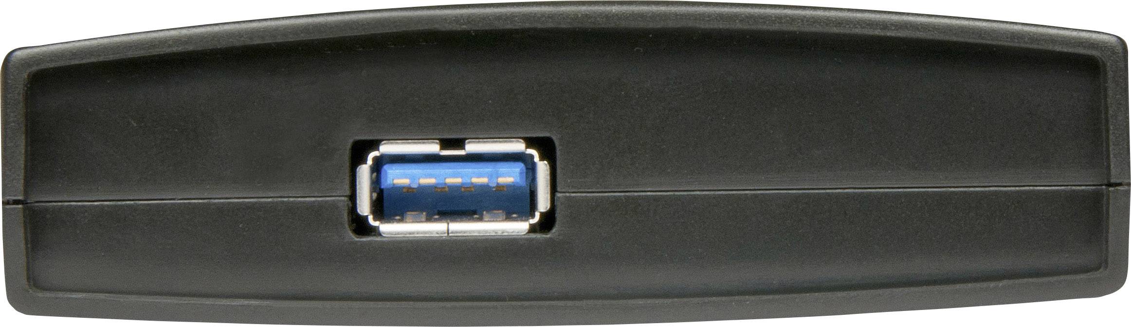 Schwarzes elektronisches Gerät mit einem blauen USB-Anschluss in der Mitte.