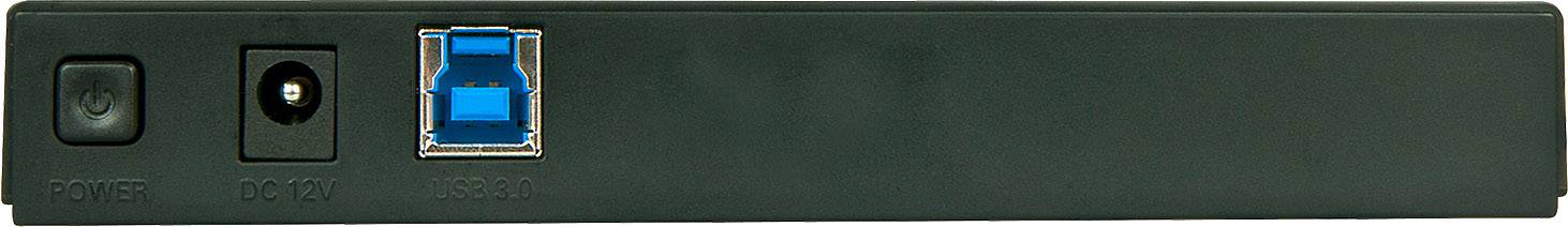Rückseite eines Geräts mit Ein/Ausschalter, DC 12V-Anschluss und USB 3.0-Port, geeignet für Datenverbindungen und Stromversorgung.