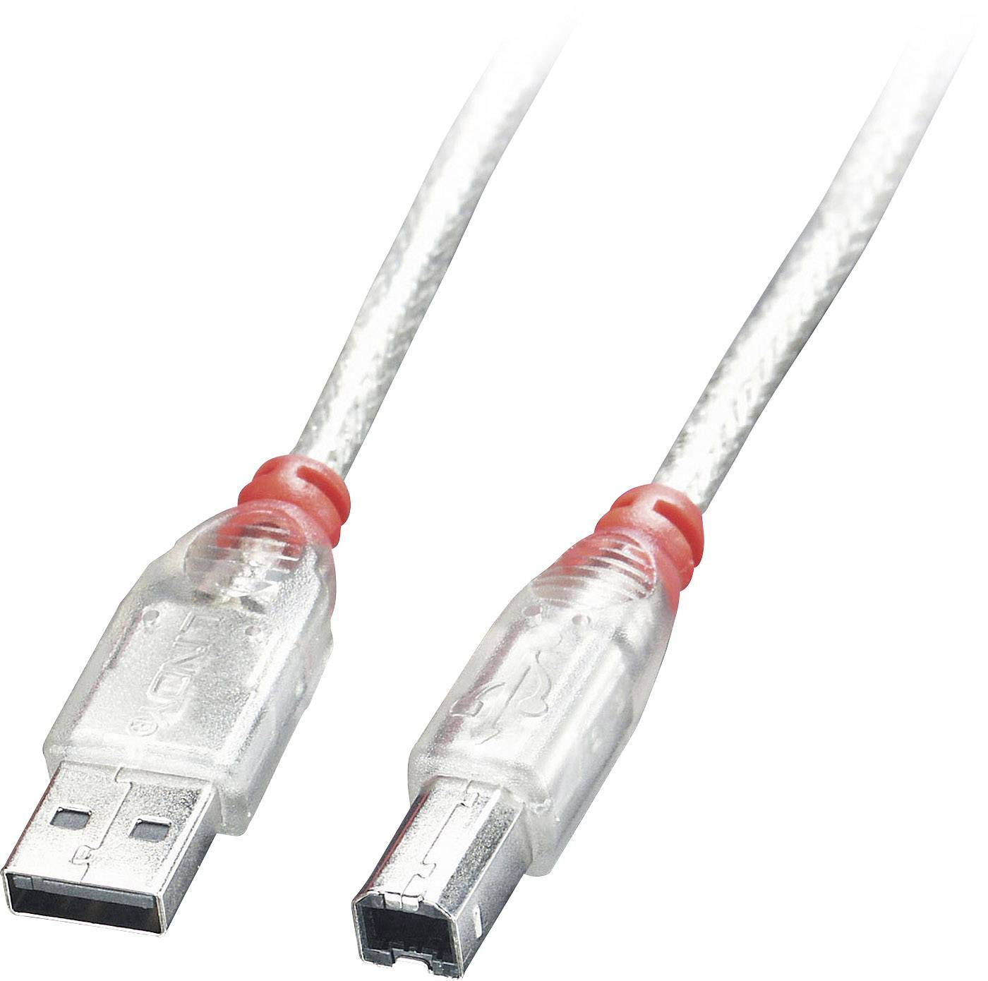 Ein durchsichtiges USB-Kabel mit zwei verschiedenen Anschlüssen: ein Standard-USB-A und ein quadratischer FireWire-Anschluss.