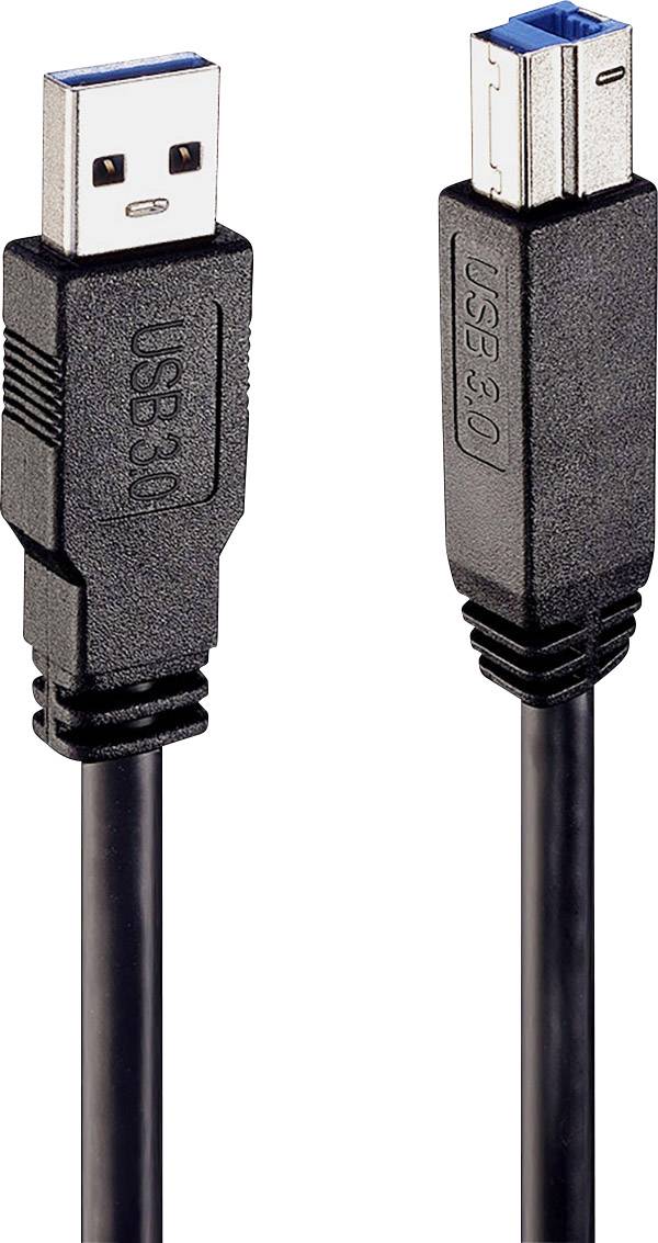 USB-3.0-Kabel, Typ A zu Typ B. Schwarzes Kabel mit blauen Akzenten. Für schnelle Datenübertragung, Drucker- und Geräteanschlüsse.