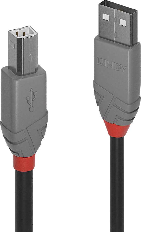 Zwei USB-Kabel: links ein USB-B-Stecker, rechts ein USB-A-Stecker. Beide Kabel haben graue Gehäuse mit roten Akzenten.