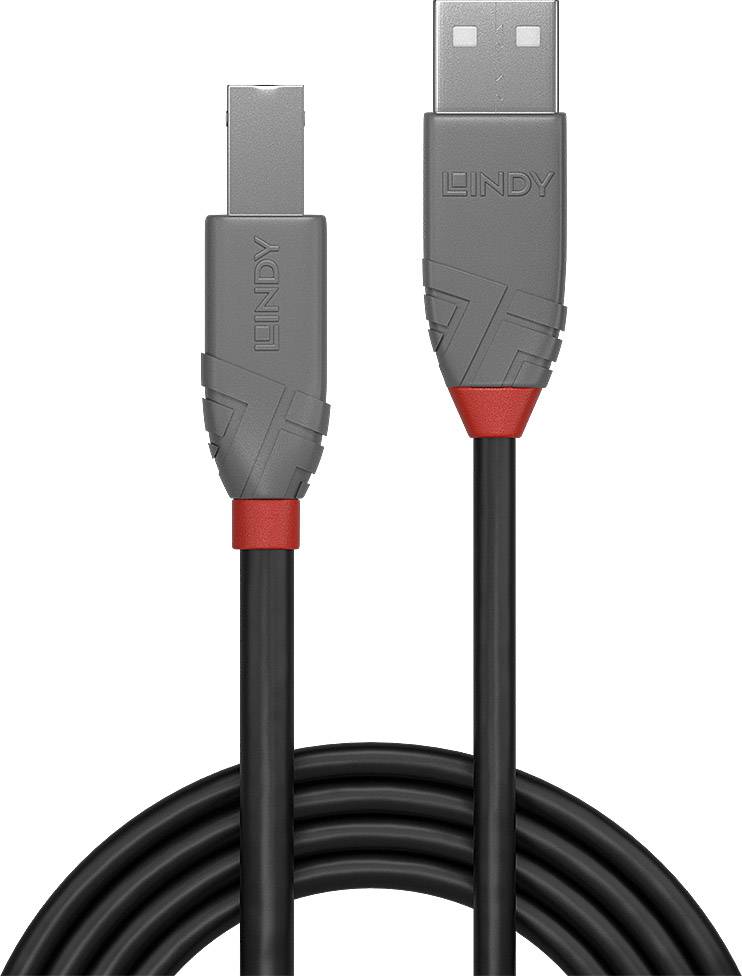 USB-Kabel mit schwarz-rotem Design und zwei verschiedenen Steckertypen: USB-A auf USB-B.