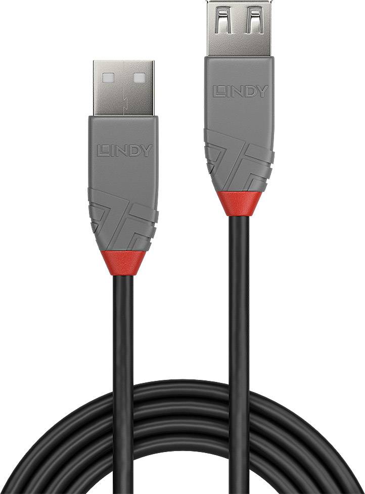 USB-A-Kabel mit zwei Steckverbindern an beiden Enden, graues Gehäuse mit roten Akzenten, geeignet für Datenübertragung und Stromversorgung.