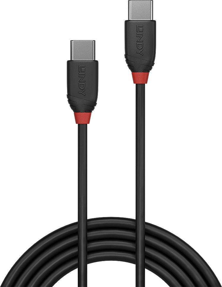Schwarzes USB-C-Kabel mit beidseitigen Anschlüssen, geeignet für den Anschluss von elektronischen Geräten.