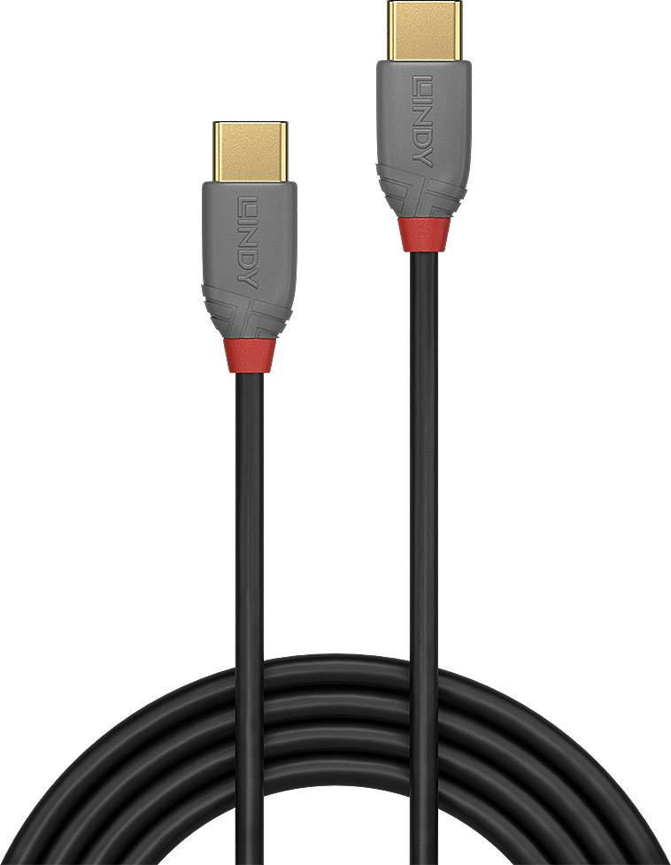Ein schwarzes HDMI-Kabel mit zwei goldenen Anschlüssen, die graue Steckerkappen haben.