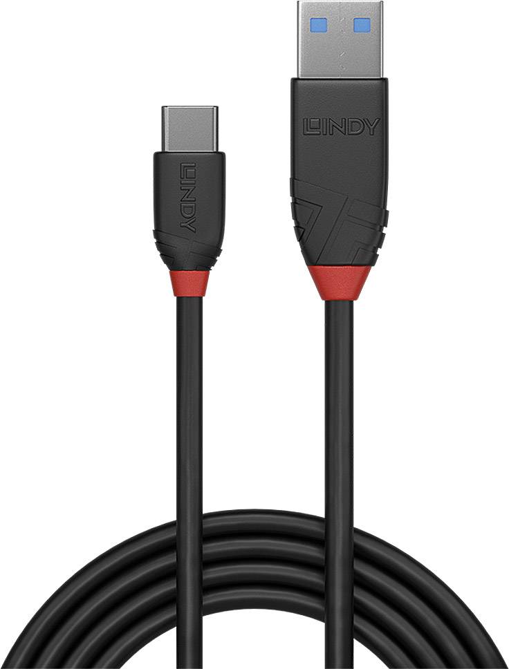 USB-Kabel mit einem USB-Typ-C-Stecker auf der linken Seite und einem USB-Typ-A-Stecker auf der rechten Seite, beide mit schwarzem und rotem Design.