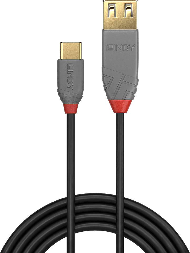 Ein USB-Kabel mit USB-C- und USB-A-Anschlüssen. Das Kabel ist schwarz und hat graue Stecker mit roten Akzenten.