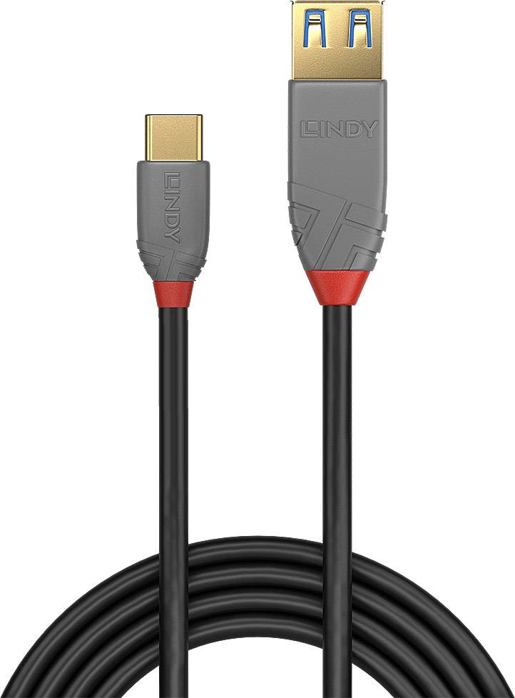 USB-C zu USB-A Kabel mit grauen Steckern und roten Akzenten, Markenname 'LINDY' sichtbar.