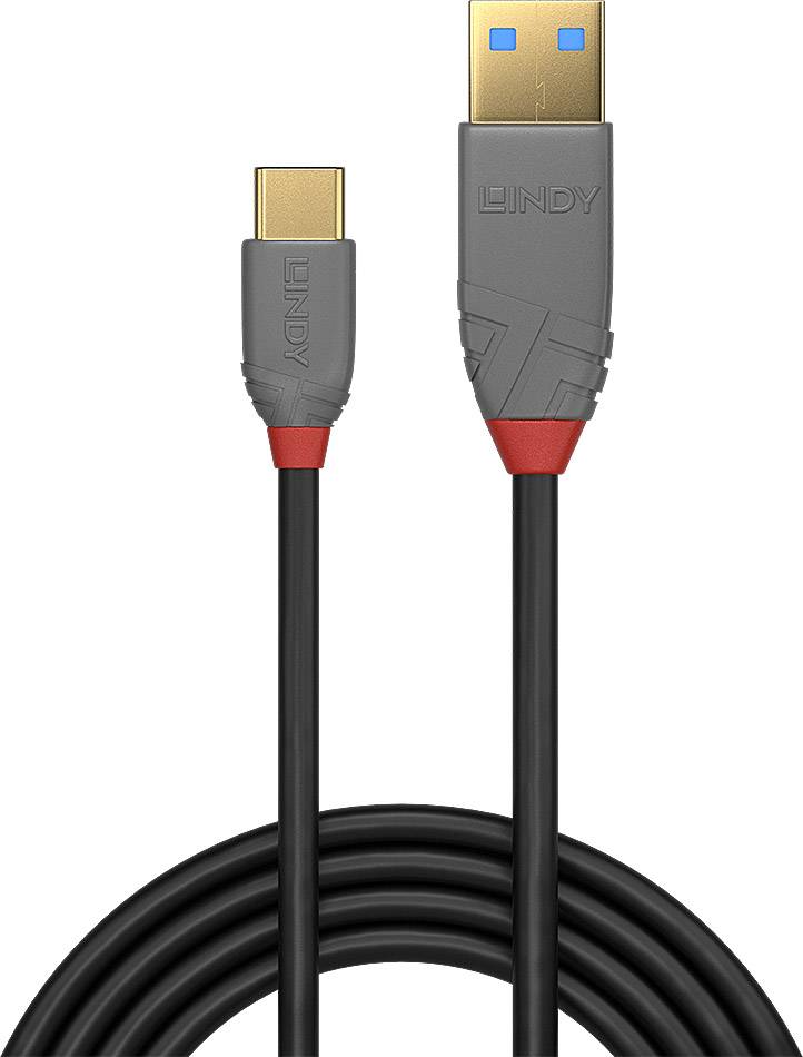 Ein schwarzes USB-Kabel mit einem USB-A-Stecker am einen Ende und einem USB-C-Stecker am anderen, hergestellt von Lindy.