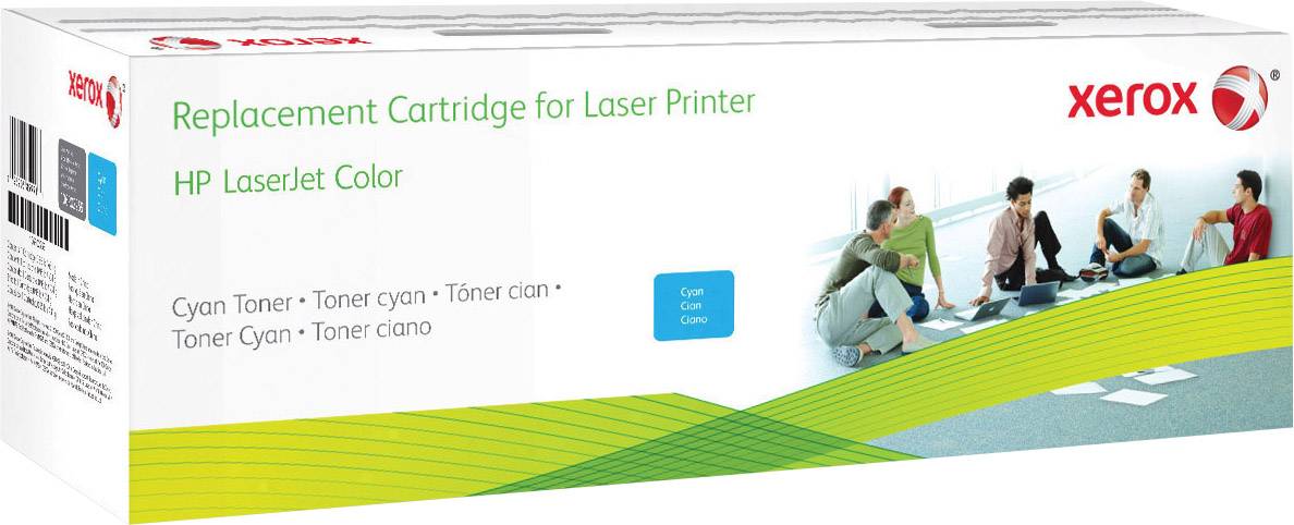 Verpackung einer Ersatzkartusche für HP LaserJet Farbdrucker von Xerox. Enthält Cyan-Toner.