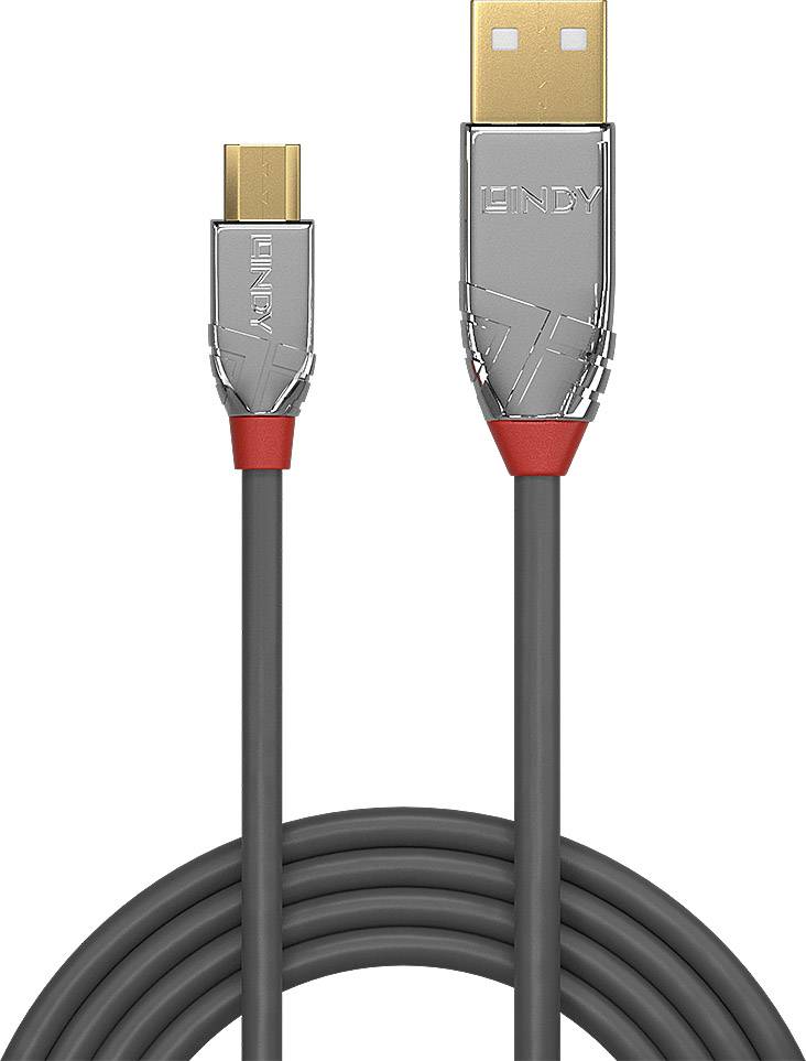 Graues USB-Kabel mit goldfarbenen Steckern, ein Typ-A- und ein Typ-C-Stecker. Markenname 'LINDY' auf den Steckern sichtbar.