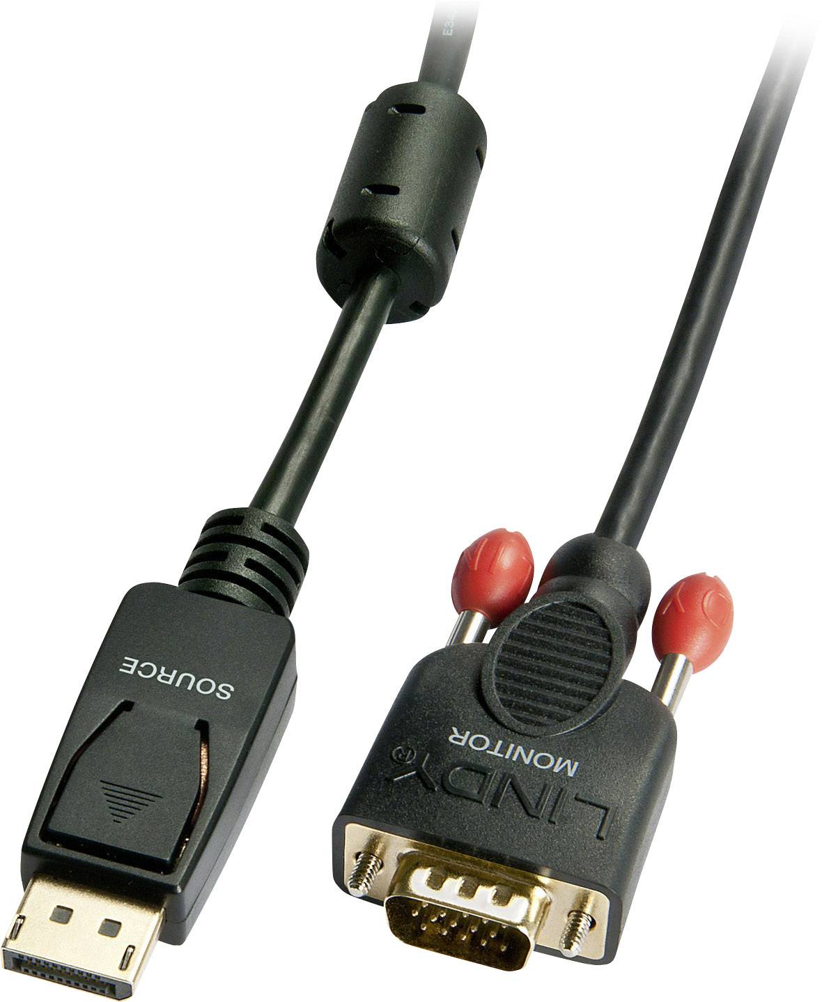 Zwei Kabelanschlüsse: Links ein DisplayPort mit der Aufschrift 'SOURCE', rechts ein VGA-Anschluss mit der Aufschrift 'MONITOR'.