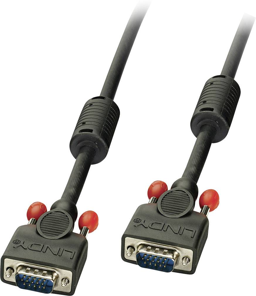 Schwarzes VGA-Kabel mit zwei Steckerenden, jeweils mit blauen und roten Details, geeignet zum Verbinden von Monitor und Computer.