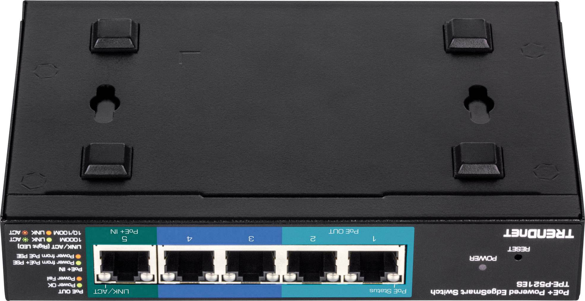 Netzwerkswitch mit fünf Ethernet-Ports, montiert auf einer Wandhalterung, geeignet für die Verbindung von mehreren Netzwerkgeräten.