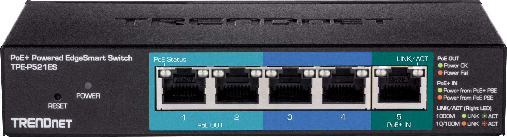 'PoE+ Powered EdgeSmart Switch TPE-P521ES' mit fünf Ethernet-Ports und Status-LEDs zur Netzwerkverwaltung.