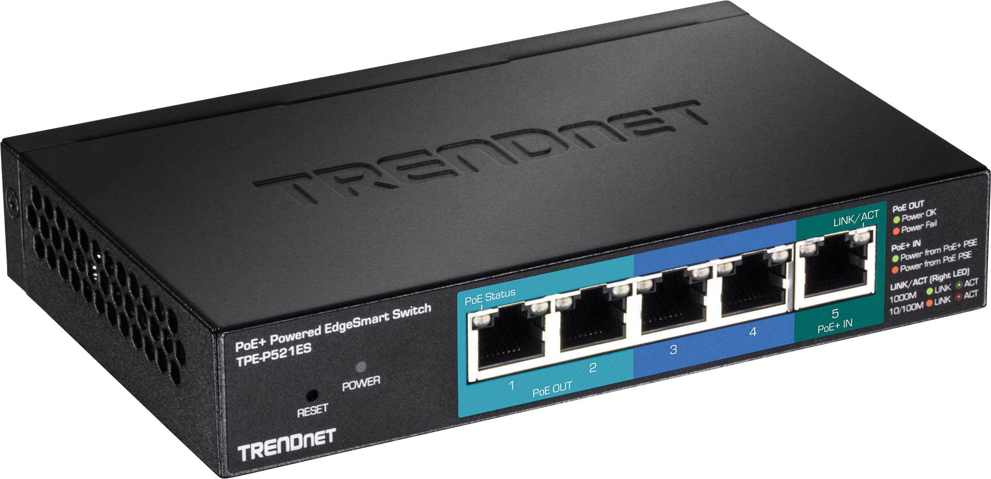 'Trendnet PoE+ EdgeSmart Switch', fünf Ethernet-Ports, mit Power- und Link-LEDs. Kompakte schwarze Bauform, geeignet für Netzwerkverbindungen.