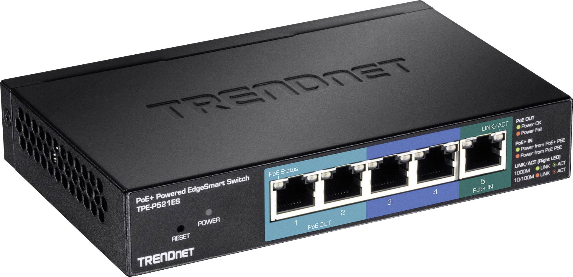 Ein schwarzer Netzwerk-Switch der Marke TRENDnet mit fünf Ethernet-Anschlüssen, einer Power-LED und PoE-Funktionalität.