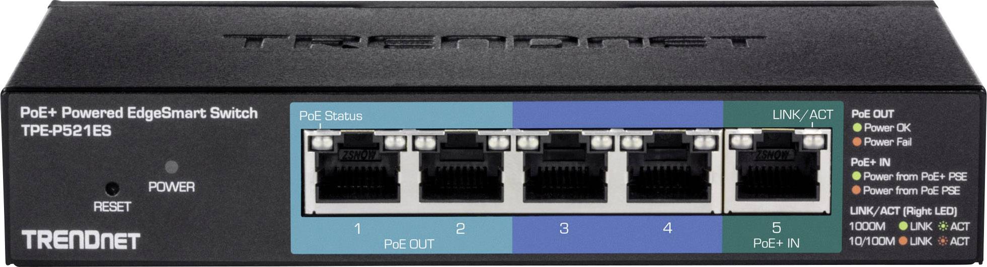 Ein PoE+ EdgeSmart Switch mit fünf Ethernet-Anschlüssen und LED-Anzeigen für Status, Stromversorgung und Netzwerkaktivität.