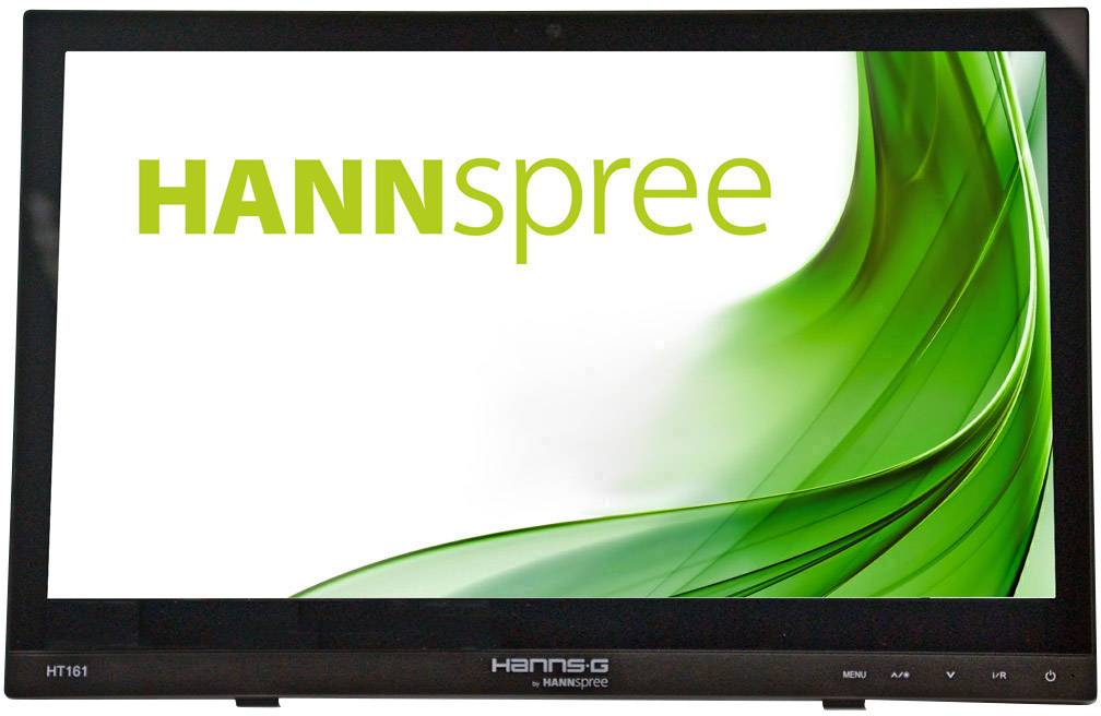 Ein Monitor der Marke 'HANNspree' zeigt ein grünes Wellenmuster auf weißem Hintergrund.