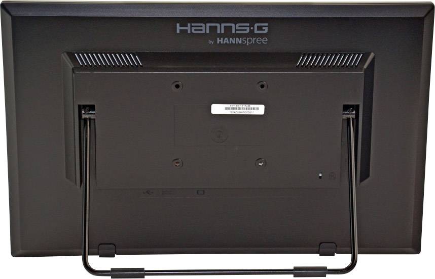 Ein Monitor von hinten, schwarz mit Markenname oben. Zwei Standfüße und Lüftungsschlitze sichtbar.