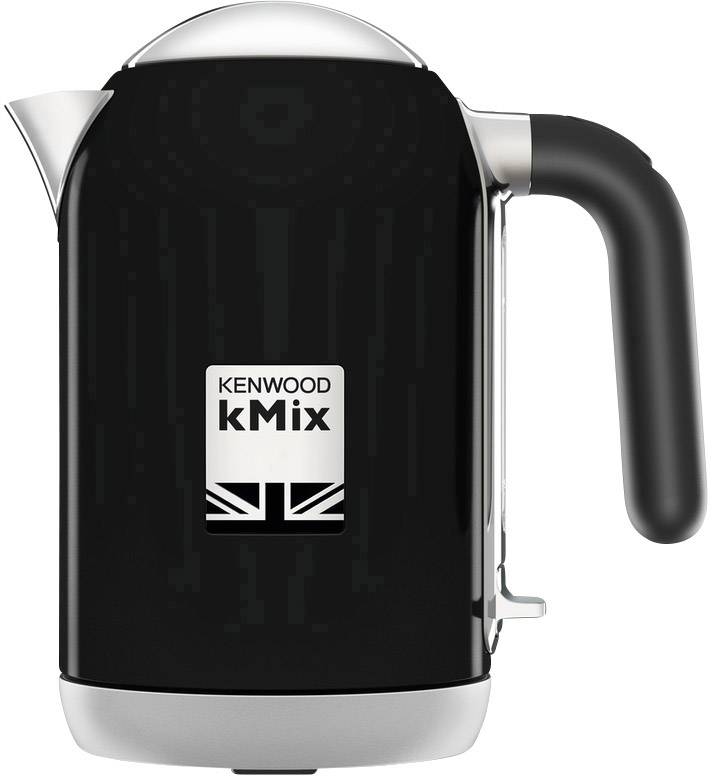 Ein schwarzer Wasserkocher der Marke Kenwood kMix mit britischem Flaggenmotiv auf der Vorderseite.