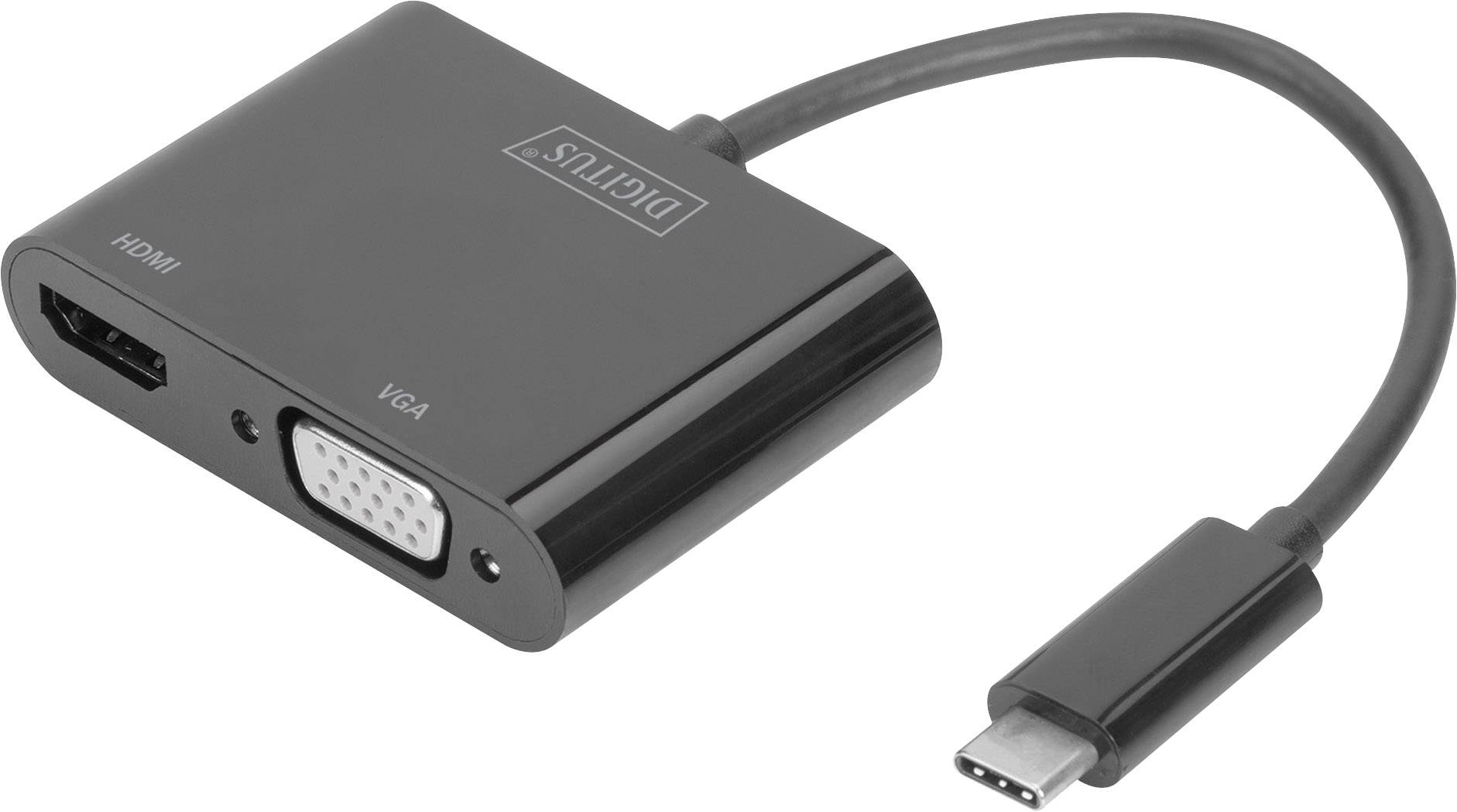 Ein schwarzer Adapter mit USB-C-Anschluss, HDMI- und VGA-Ausgängen. Markenname 'Digitus' auf dem Gehäuse.