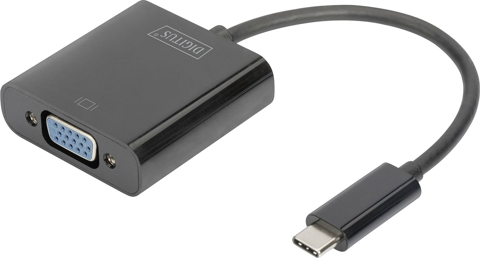 Ein schwarzer Adapter mit VGA-Anschluss auf der linken Seite und USB-C-Stecker auf der rechten, dient zum Anschluss von Geräten.