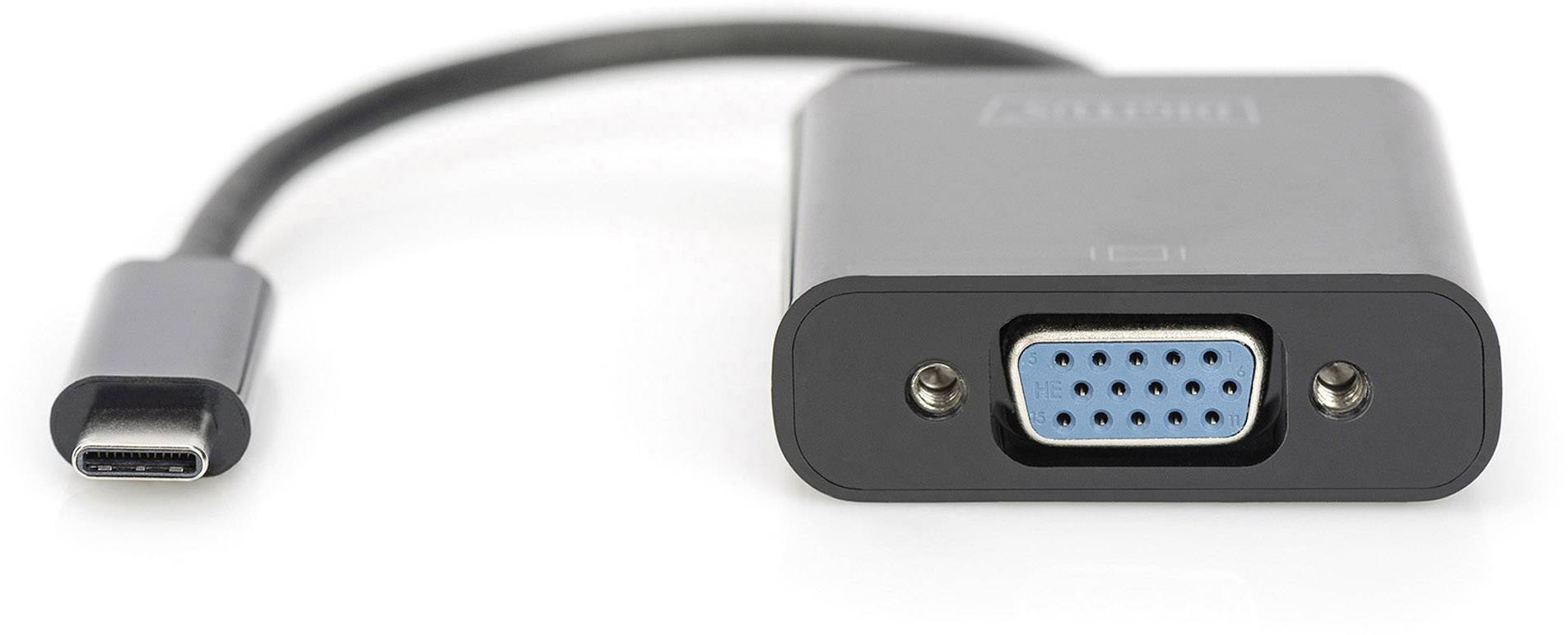 Ein USB-C-zu-VGA-Adapter mit einem kurzen Kabel verbindet moderne Geräte mit älteren VGA-Bildschirmen.