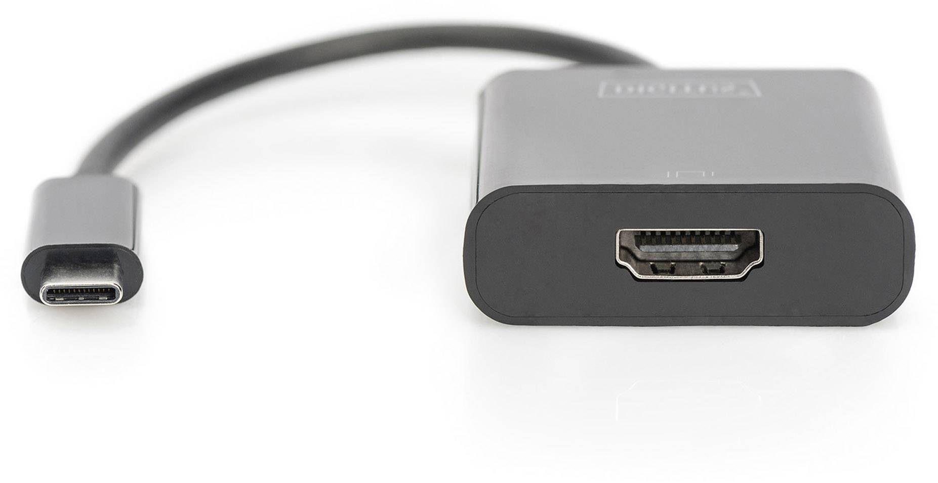 Ein schwarzer Adapter konvertiert USB-C zu HDMI, geeignet für den Anschluss von Geräten wie Laptops an Monitore oder Fernseher.
