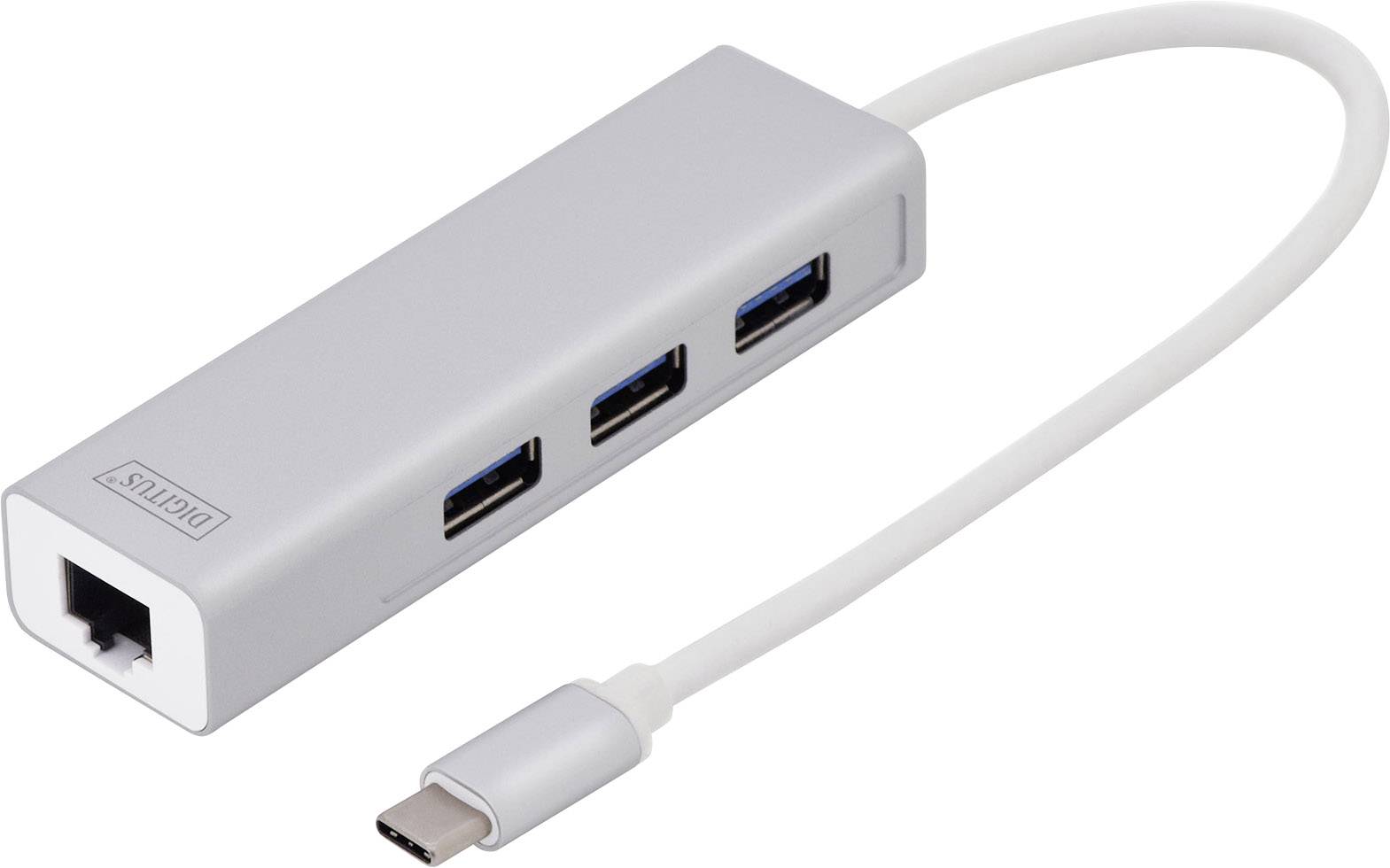 Ein USB-C-Hub mit einem Ethernet-Anschluss, drei USB-Anschlüssen und einem kurzen Kabel. Ideal zur Erweiterung von Geräteanschlüssen.