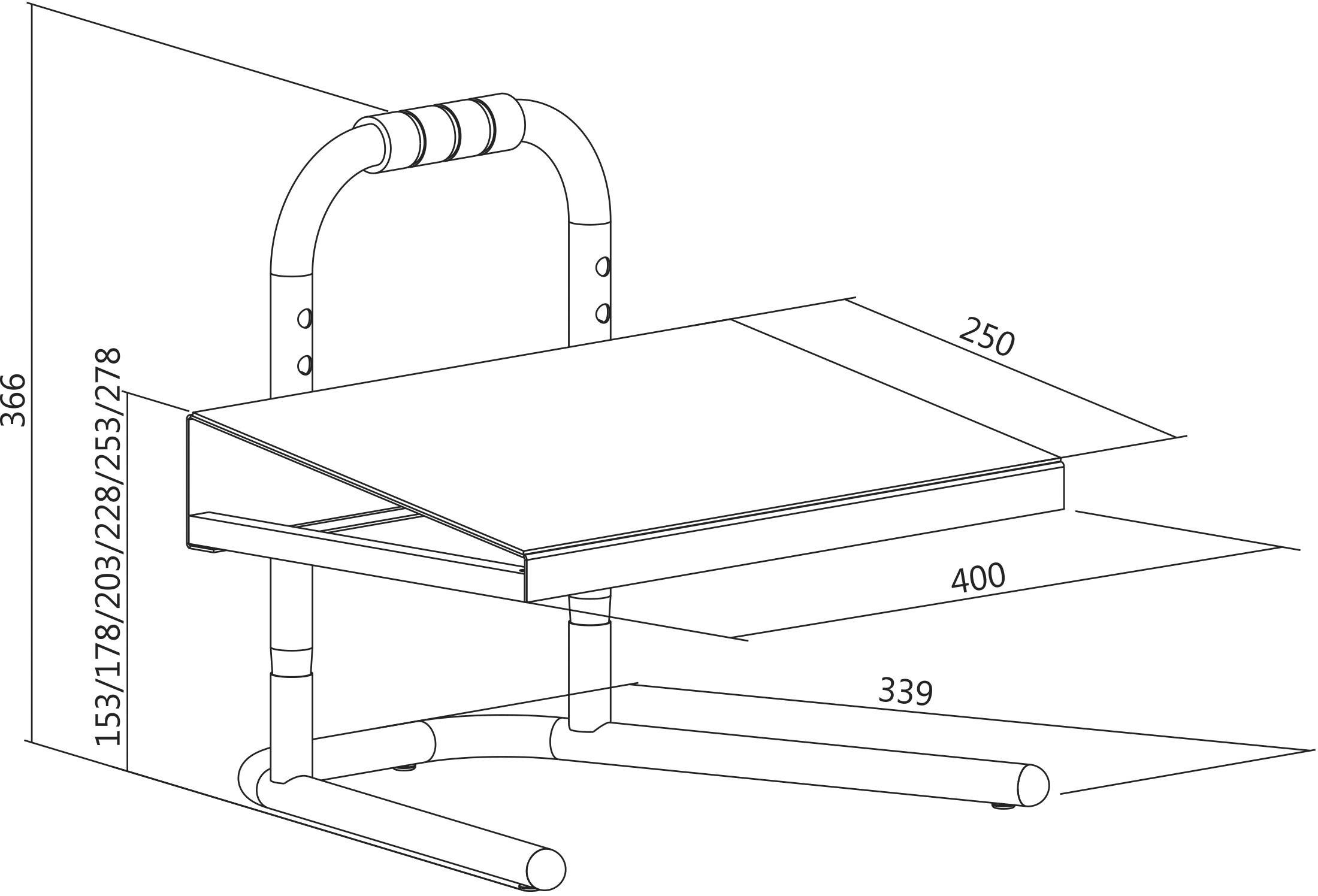 Skizze eines verstellbaren Betttisches mit Maßen: Höhe 366 mm, Fläche 400 x 250 mm, Beinhöhe einstellbar zwischen 153-278 mm.