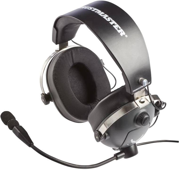 Schwarzes Gaming-Headset mit Mikrofon am Bügel, firmenseitigem Branding und gepolsterten Ohrmuscheln, geeignet für Computerspiele.