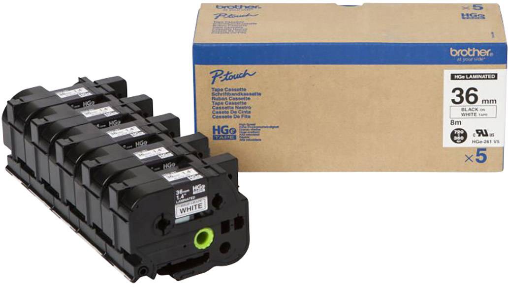 Schwarze Kartusche für Brother P-touch mit weißem Etikett, 36 mm, 8 m, in Verpackung. Set mit 5 Stück.