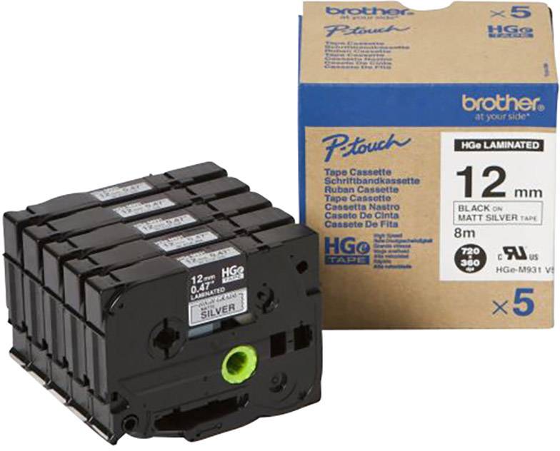 'Brother P-touch HGe laminiertes Beschriftungsband', 5er-Pack, 12 mm Breite, schwarz auf silber, kompatibel mit HGe-Druckern.