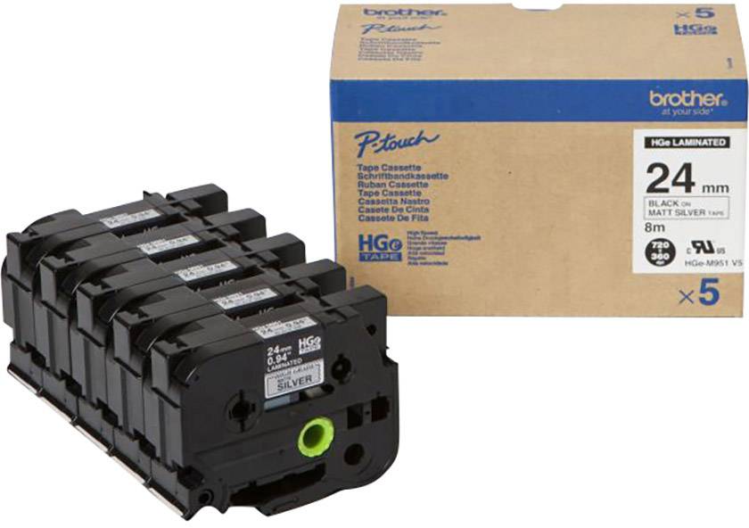 Eine Packung mit fünf Brother P-touch Schriftbandkassetten, 24mm, laminiert, in Schwarz auf matter Silberoberfläche, 8m Länge.