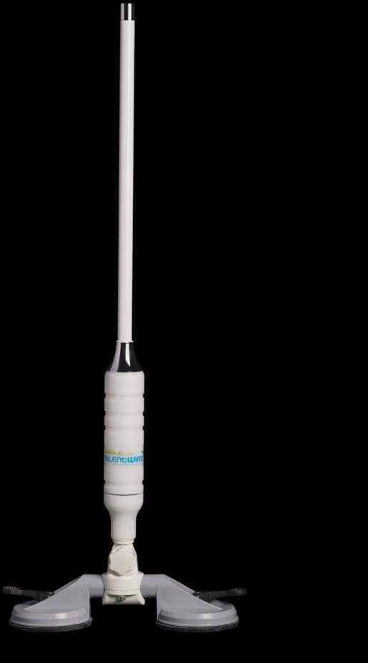 Antennenstab mit weißem Griff und Saugnäpfen, aufrecht stehend vor schwarzem Hintergrund.