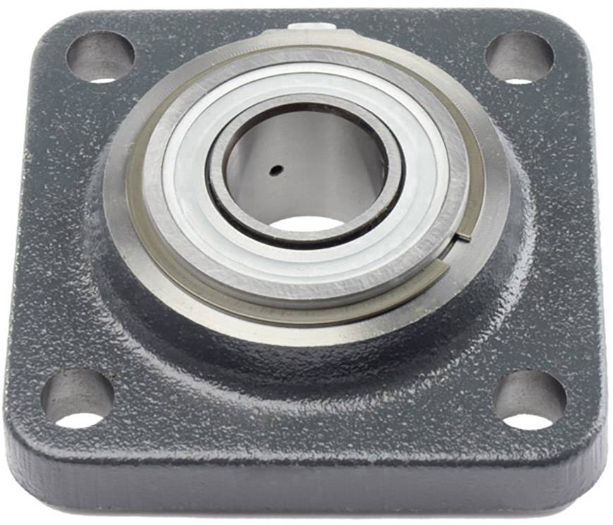 Metallisches Flanschlager mit vier Befestigungslöchern und zentralem Kugellager, häufig in mechanischen Anwendungen verwendet.