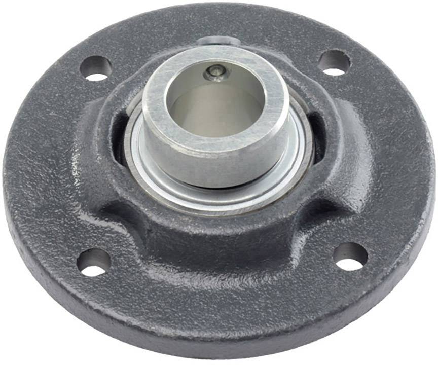 Rundes Lagergehäuse aus Metall mit vier Befestigungslöchern und zylindrischer Öffnung in der Mitte, zur Befestigung auf ebenen Flächen.