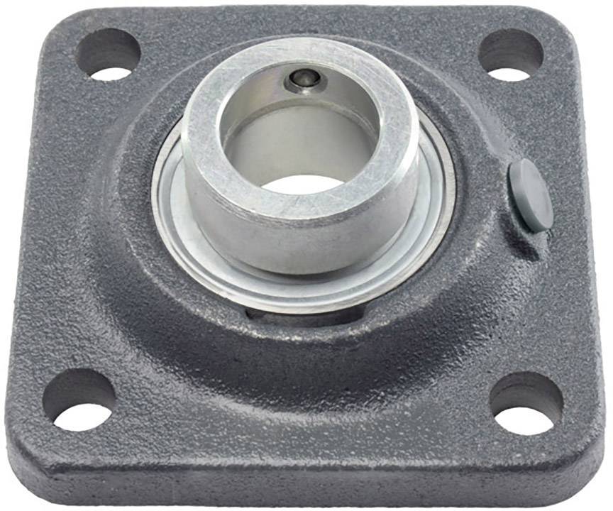 Metallisches Lagergehäuse mit rundem Innenring und vier Montageschlitzen an den Ecken, für mechanische Anwendungen geeignet.