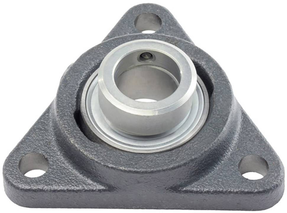 Dreieckiges Wälzlagergehäuse mit Metallring in der Mitte, umgeben von drei Befestigungslöchern an den Ecken.