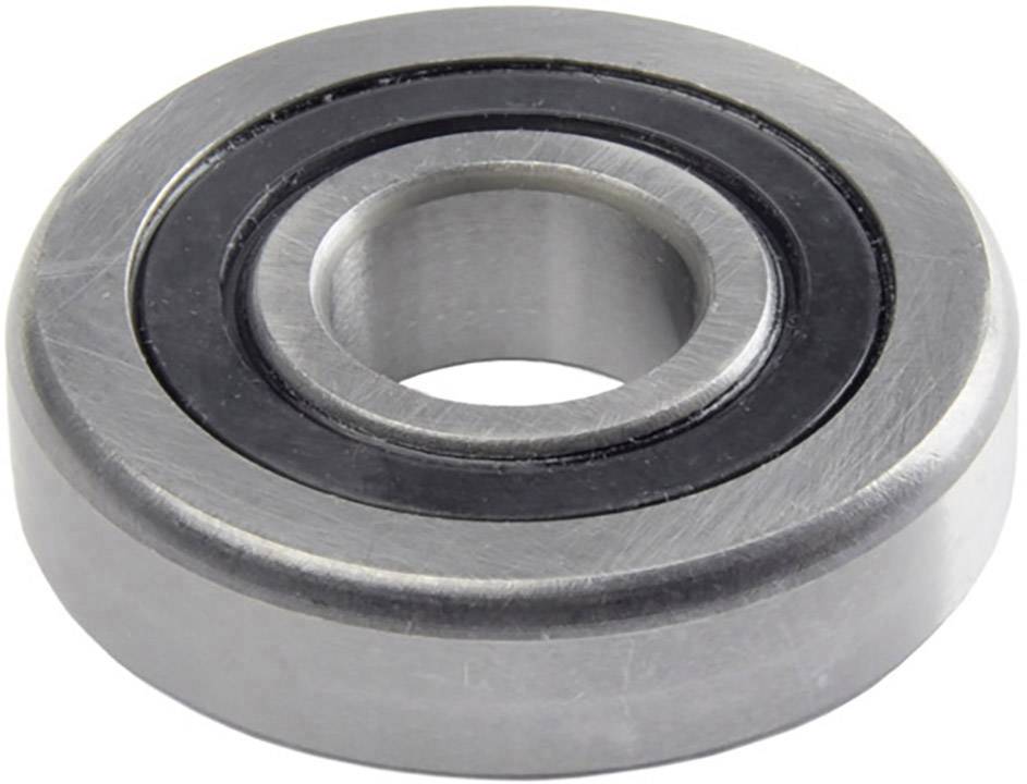 Ein zylindrisches Kugellager aus silberfarbenem Metall mit schwarzem Innenring, auf einer weißen Fläche liegend.
