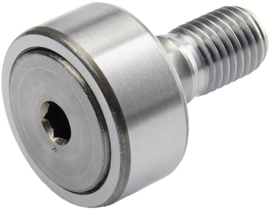 Ein zylindrischer, silberner Nockenstößel mit Gewinde auf einer Seite und einem eingebauten Lager. Mechanisches Bauteil.