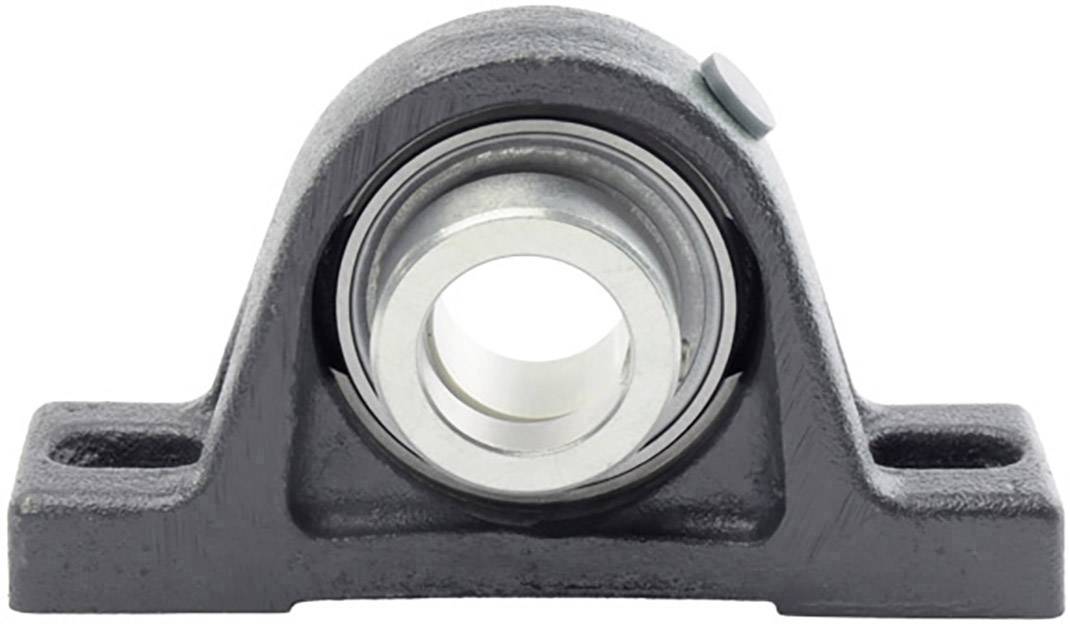 Ein Lagerbock mit montiertem Kugellager, aus Metall, in grauer Farbe. Verwendet zur Unterstützung und Befestigung von Wellen.