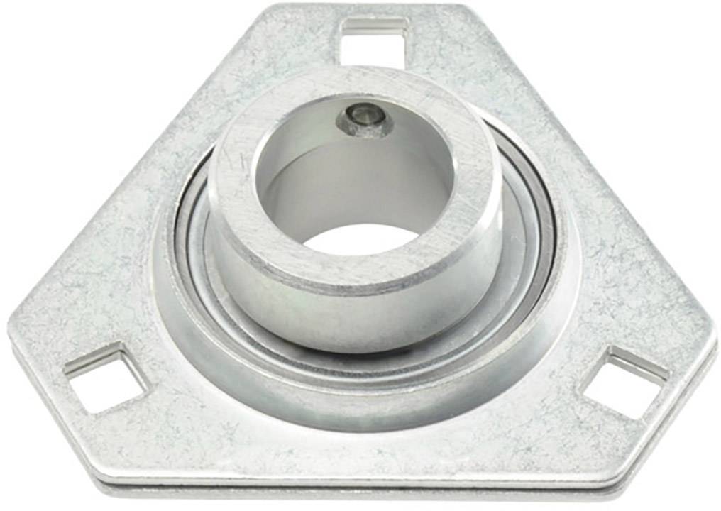Dreieckige Metalllagerflanschplatte mit drei Schraubenlöchern und kreisförmigem Lager in der Mitte, industrielles Maschinenteil.