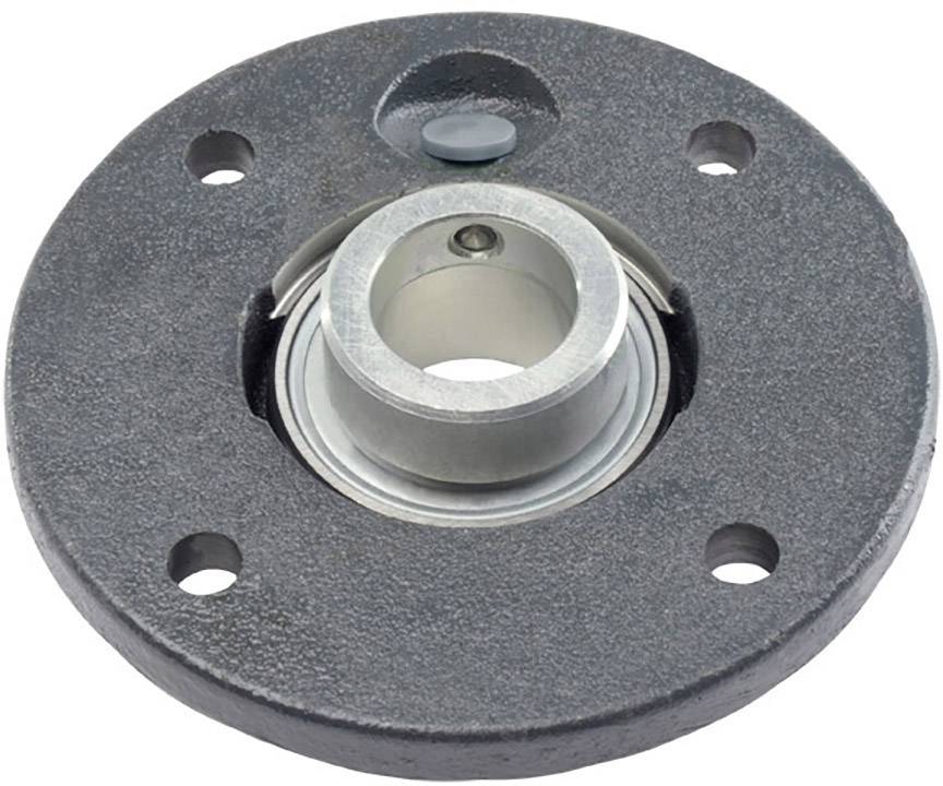 Rundes Metallflanschlager mit vier Bohrlöchern, geeignet zur Befestigung an Maschinen oder Wänden. Zentrales Lager zur Rotationsaufnahme.