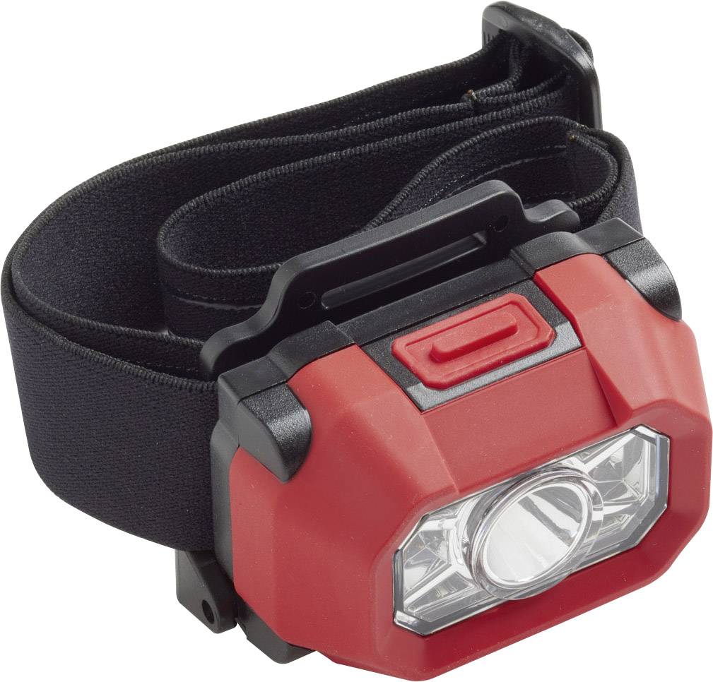 Eine rote Stirnlampe mit schwarzem elastischem Band, geeignet für freihändige Beleuchtung bei Outdoor-Aktivitäten.
