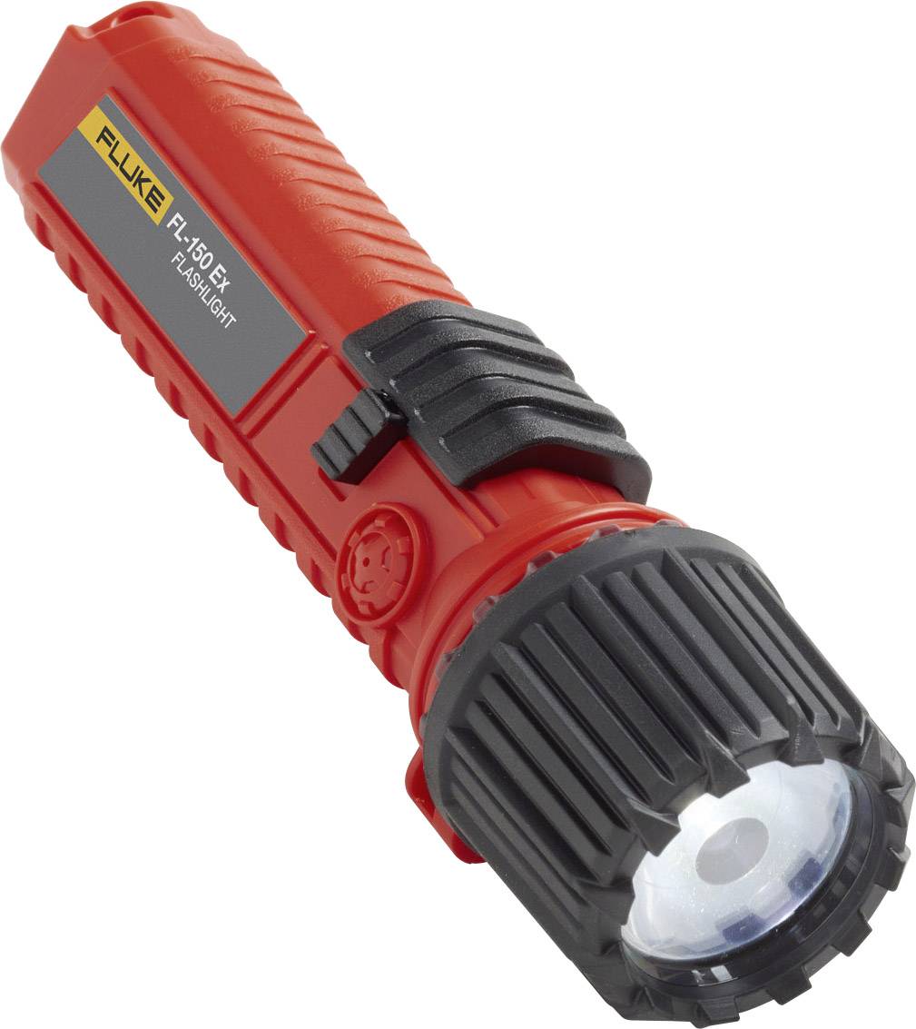 Eine rote Taschenlampe mit schwarzem Griff und großer Lampe, geeignet für den professionellen Einsatz.