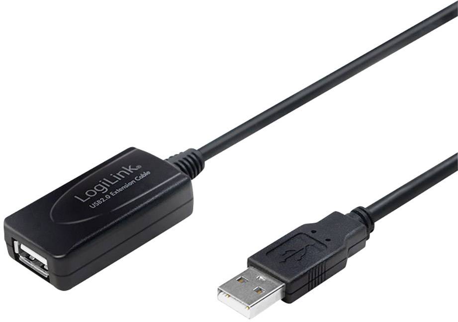 Schwarzes USB-Verlängerungskabel mit USB-Typ-A-Steckverbinder auf der rechten Seite und USB-Buchse auf der linken Seite.