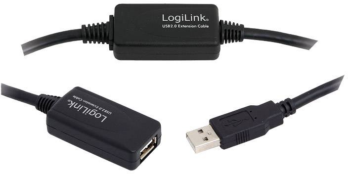 USB-Verlängerungskabel von LogiLink mit einem USB-A-Stecker und einer USB-A-Buchse, geeignet für USB 2.0-Verbindungen.